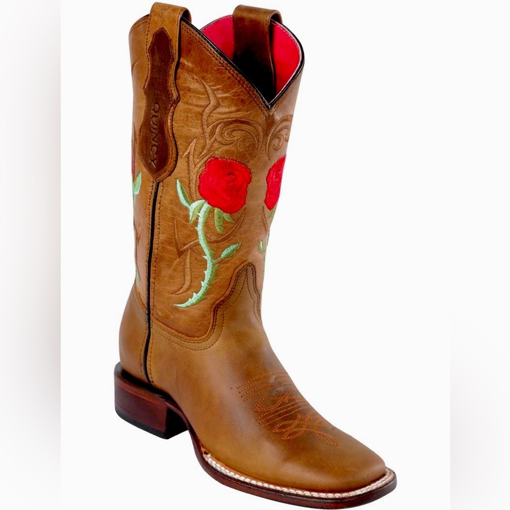 QUINCY Boots Women Rose Grasso and Volcano Honey Ranch Toe Western Boot size 8